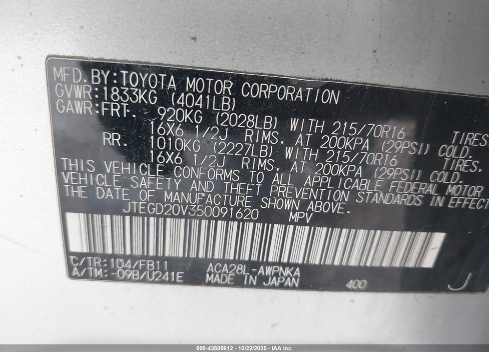 2005 TOYOTA RAV4 VIN: JTEGD20V350091620