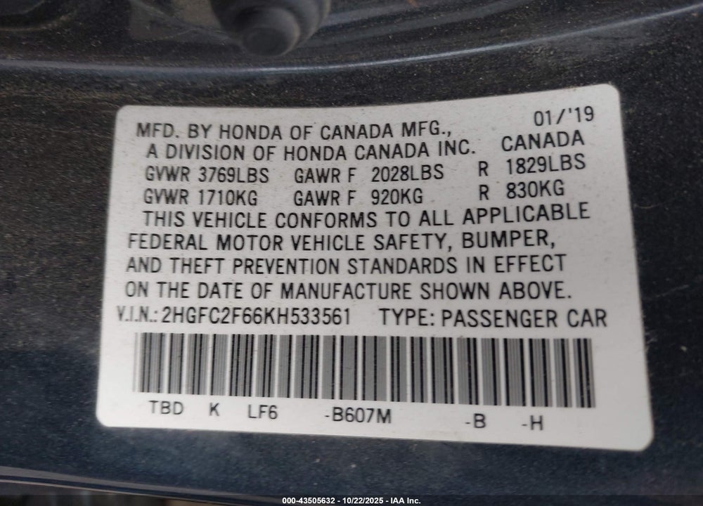 2019 HONDA CIVIC LX VIN: 2HGFC2F66KH533561