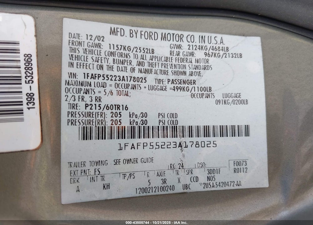 2003 FORD TAURUS SES VIN: 1FAFP55223A178025
