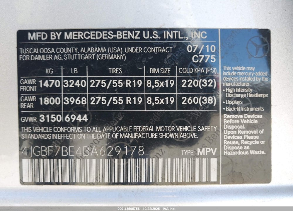 2011 MERCEDES-BENZ GL 450 4MATIC VIN: 4JGBF7BE4BA629178