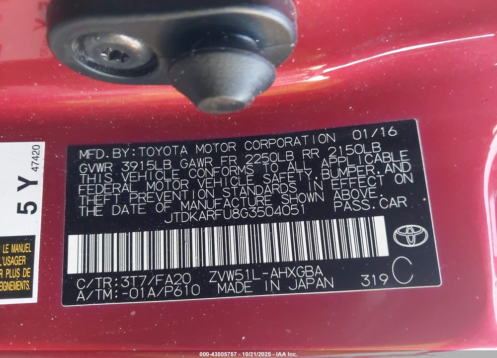2016 TOYOTA PRIUS THREE VIN: JTDKARFU8G3504051