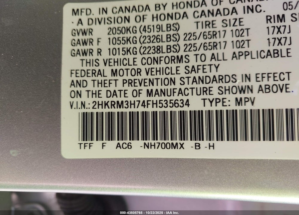 2015 HONDA CR-V EX-L VIN: 2HKRM3H74FH535634