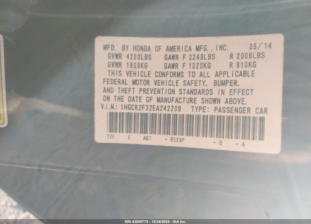 2014 HONDA ACCORD LX VIN: 1HGCR2F32EA242209