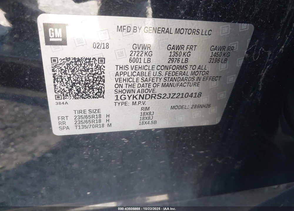 2018 CADILLAC XT5 LUXURY VIN: 1GYKNDRS2JZ210418