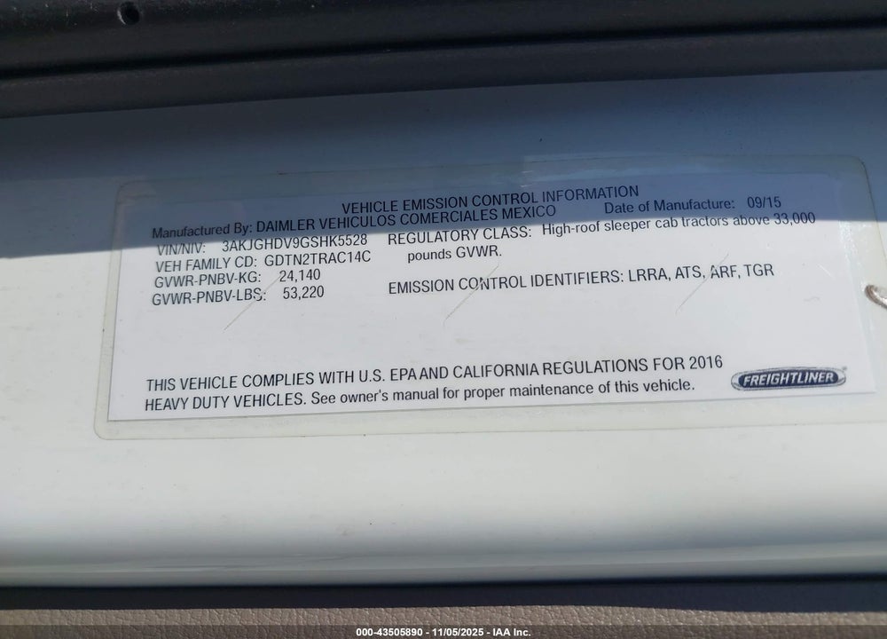 2016 FREIGHTLINER CASCADIA 113 VIN: 3AKJGHDV9GSHK5528