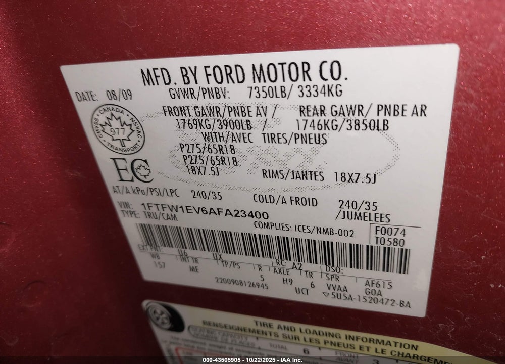 2010 FORD F-150 VIN: 1FTFW1EV6AFA23400