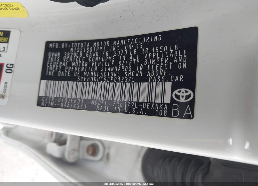 2014 TOYOTA COROLLA LE VIN: 5YFBURHE9EP013375