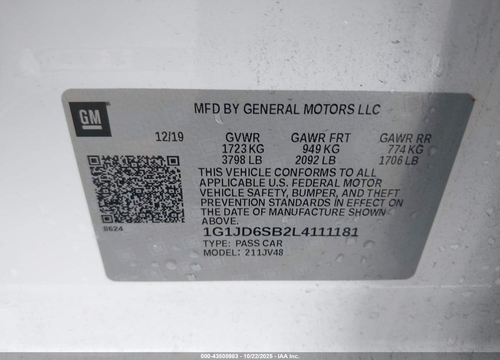 2020 CHEVROLET SONIC FWD  LT 5-DOOR VIN: 1G1JD6SB2L4111181