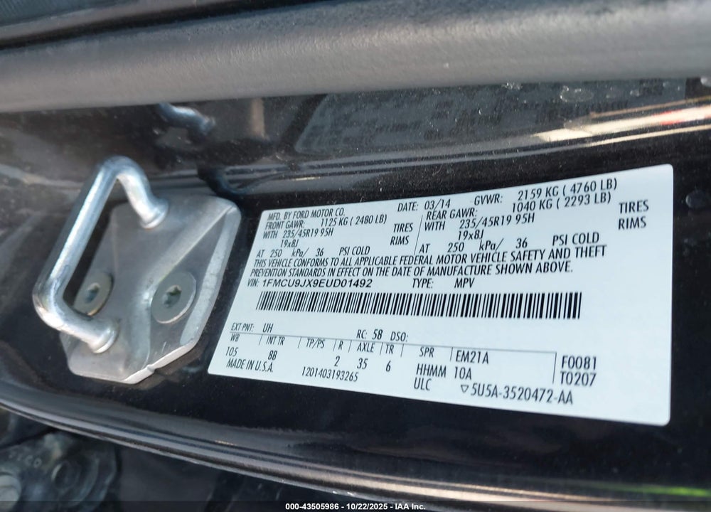 2014 FORD ESCAPE TITANIUM VIN: 1FMCU9JX9EUD01492