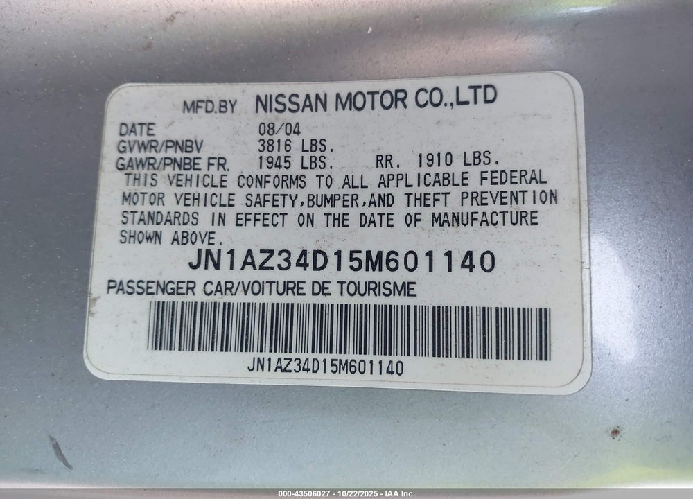 2005 NISSAN 350Z ENTHUSIAST VIN: JN1AZ34D15M601140