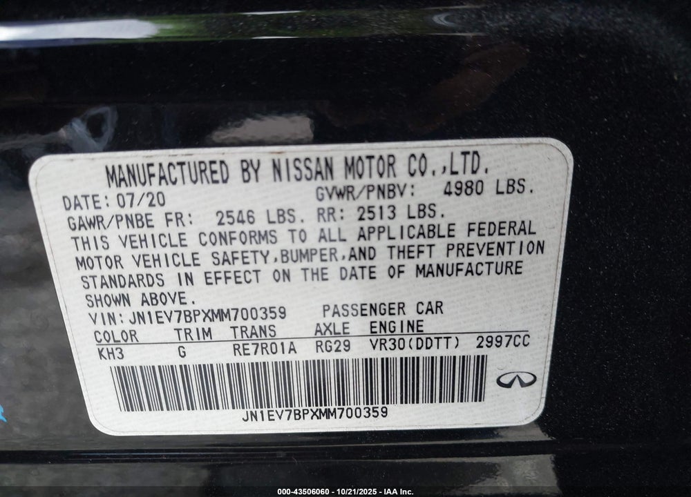 2021 INFINITI Q50 LUXE VIN: JN1EV7BPXMM700359
