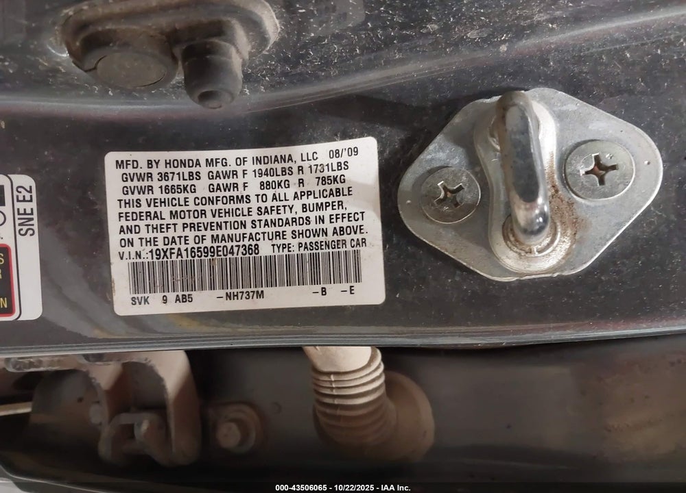 2009 HONDA CIVIC LX VIN: 19XFA16599E047368