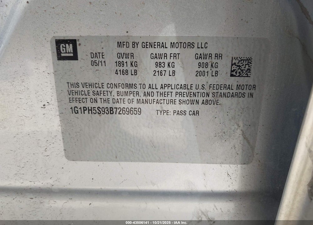 2011 CHEVROLET CRUZE VIN: 1G1PH5S93B7269659