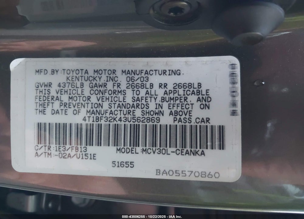 2003 TOYOTA CAMRY LE V6 VIN: 4T1BF32K43U562869