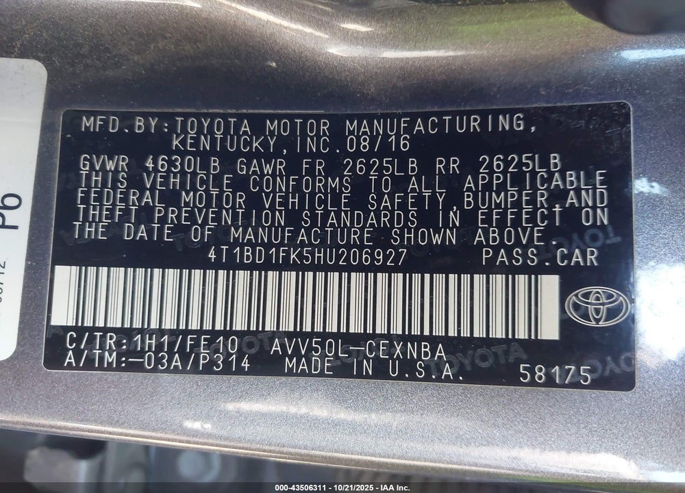 2017 TOYOTA CAMRY HYBRID VIN: 4T1BD1FK5HU206927