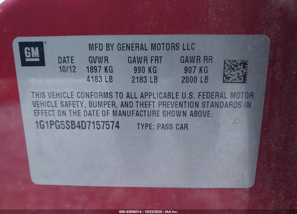 2013 CHEVROLET CRUZE LTZ VIN: 1G1PG5SB4D7157574