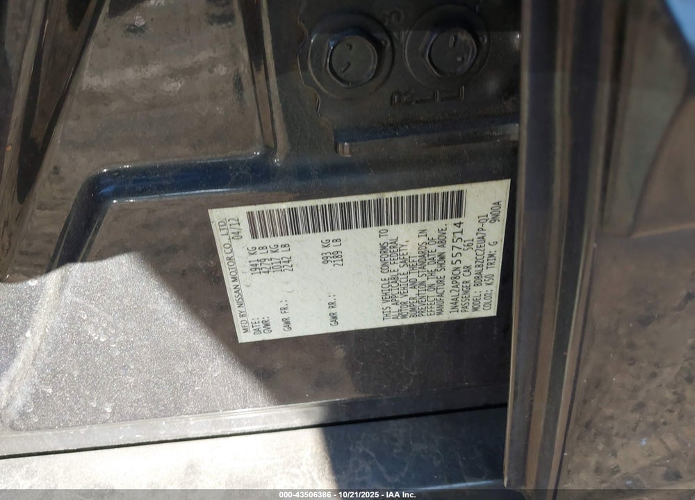 2012 NISSAN ALTIMA 2.5 S VIN: 1N4AL2AP8CN557514