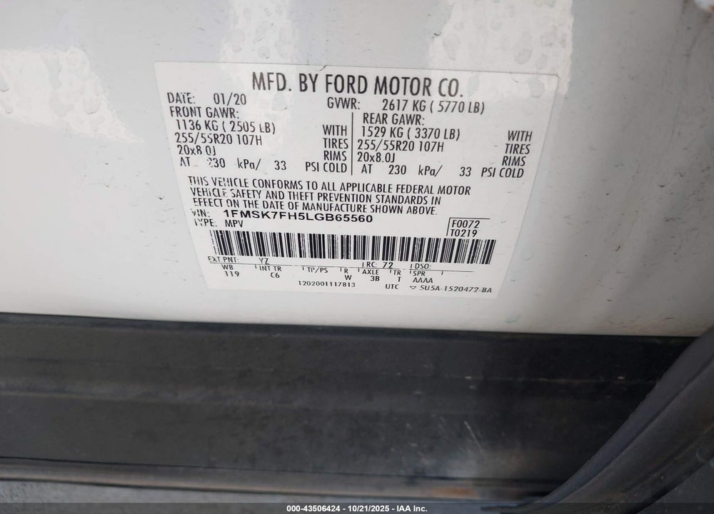 2020 FORD EXPLORER LIMITED VIN: 1FMSK7FH5LGB65560
