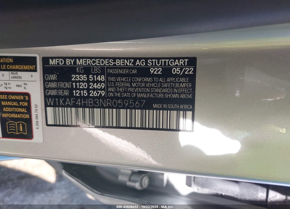2022 MERCEDES-BENZ C 300 4MATIC VIN: W1KAF4HB3NR059567