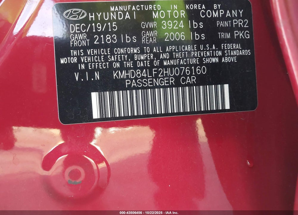 2017 HYUNDAI ELANTRA SE VIN: KMHD84LF2HU076160