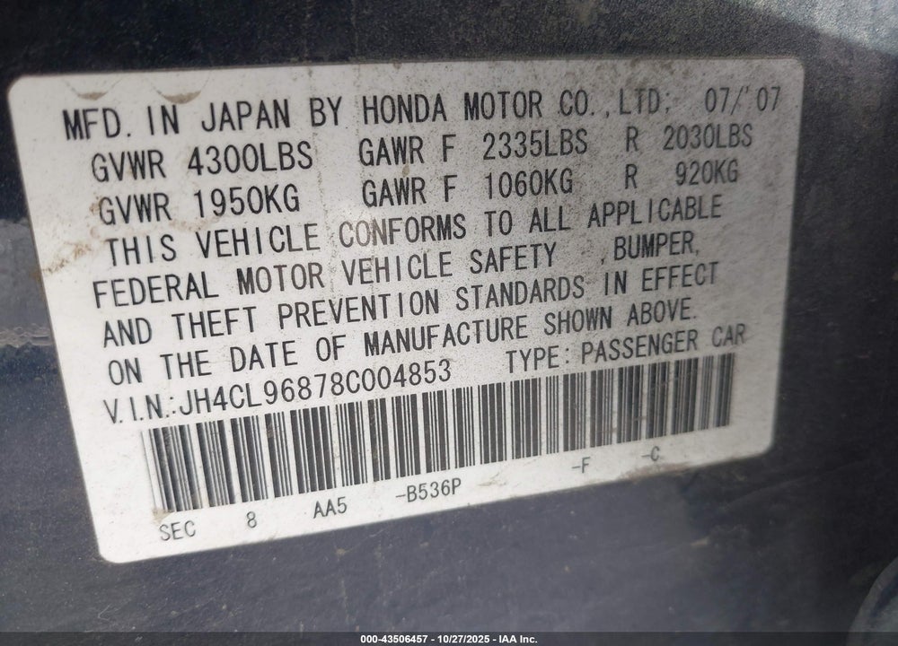 2008 ACURA TSX VIN: JH4CL96878C004853