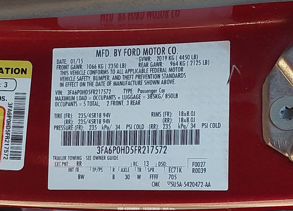 2015 FORD FUSION VIN: 3FA6P0HD5FR217572