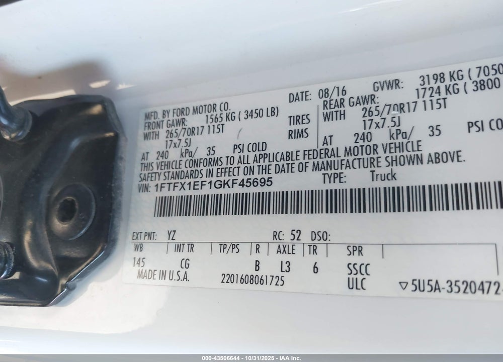 2016 FORD F-150 XL VIN: 1FTFX1EF1GKF45695