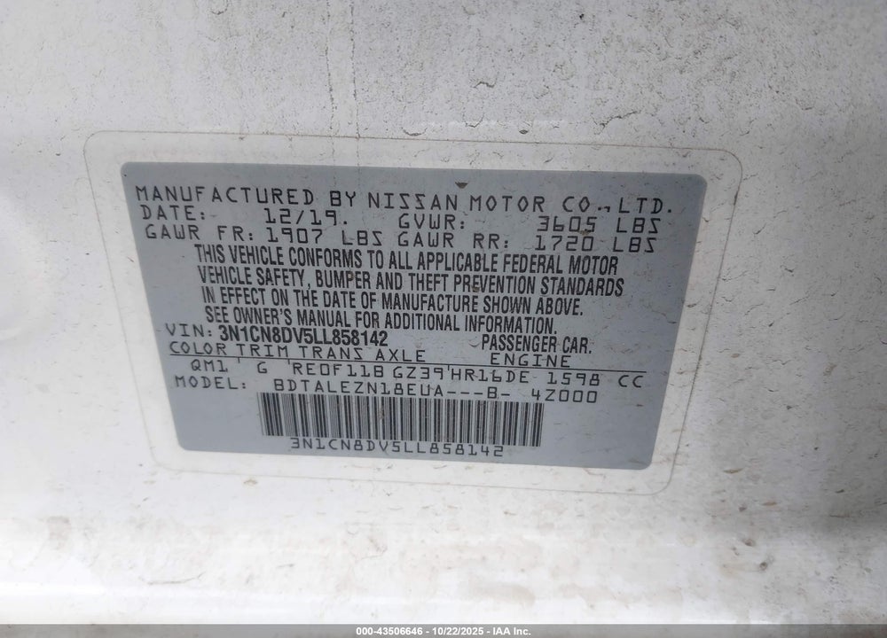 2020 NISSAN VERSA VIN: 3N1CN8DV5LL858142