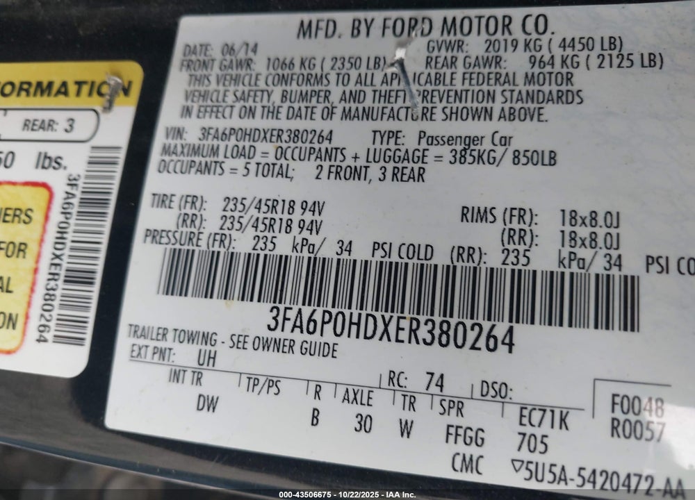2014 FORD FUSION SE VIN: 3FA6P0HDXER380264