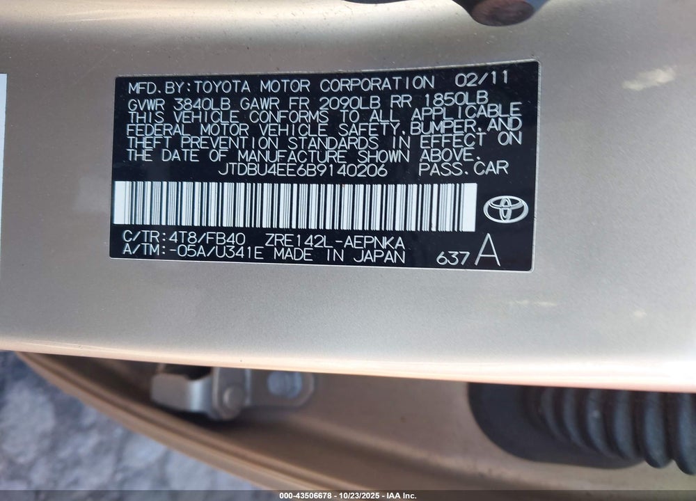 2011 TOYOTA COROLLA VIN: JTDBU4EE6B9140206