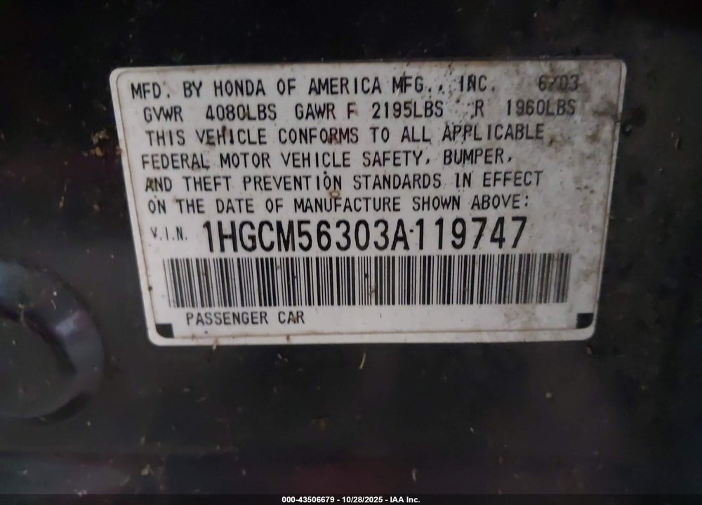 2003 HONDA ACCORD 2.4 LX VIN: 1HGCM56303A119747