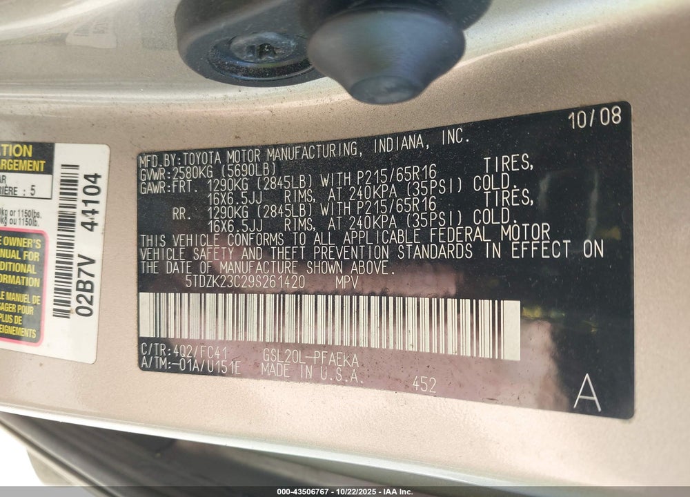2009 TOYOTA SIENNA LE VIN: 5TDZK23C29S261420
