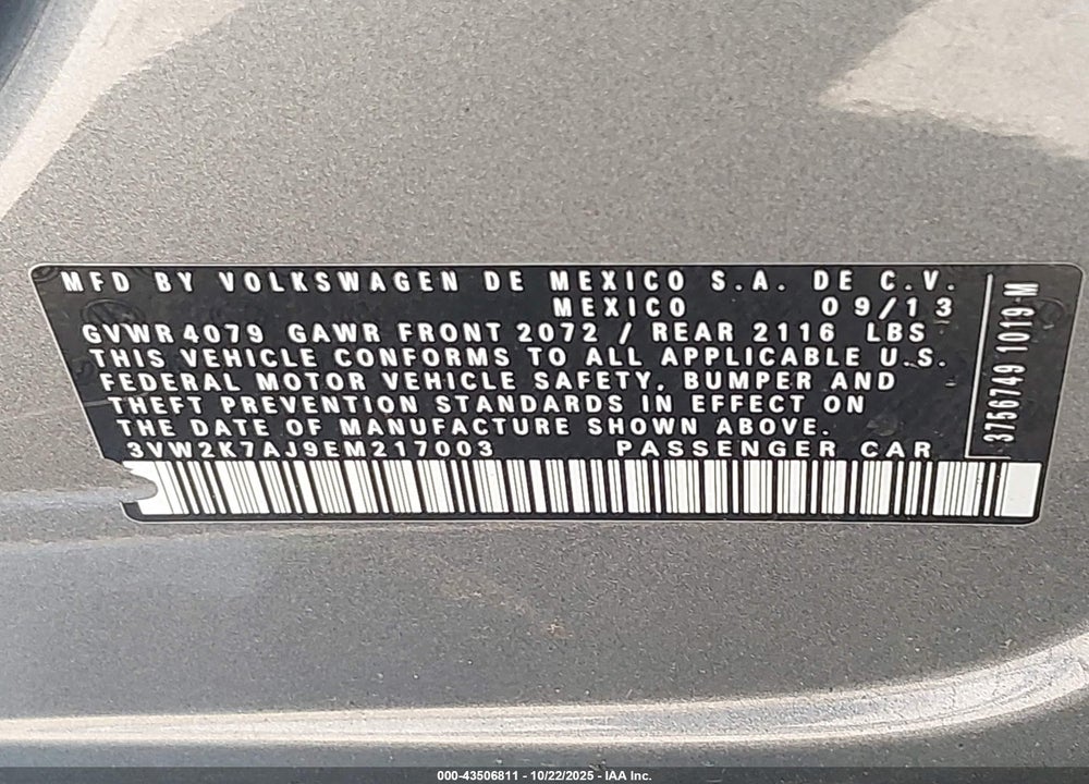 2014 VOLKSWAGEN JETTA 2.0L S VIN: 3VW2K7AJ9EM217003