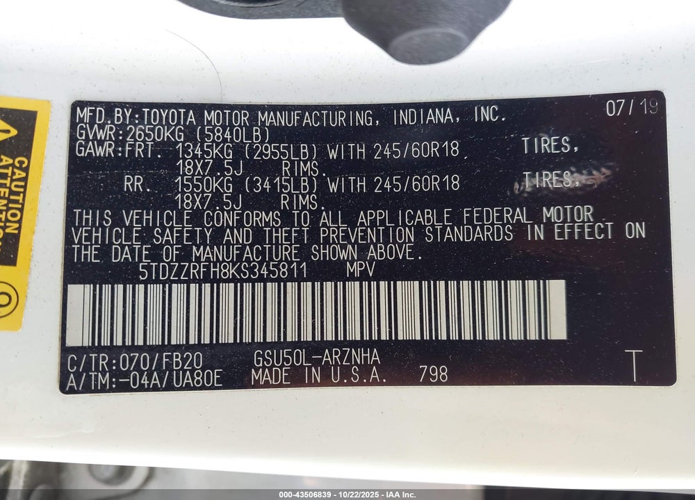 2019 TOYOTA HIGHLANDER VIN: 5TDZZRFH8KS345811
