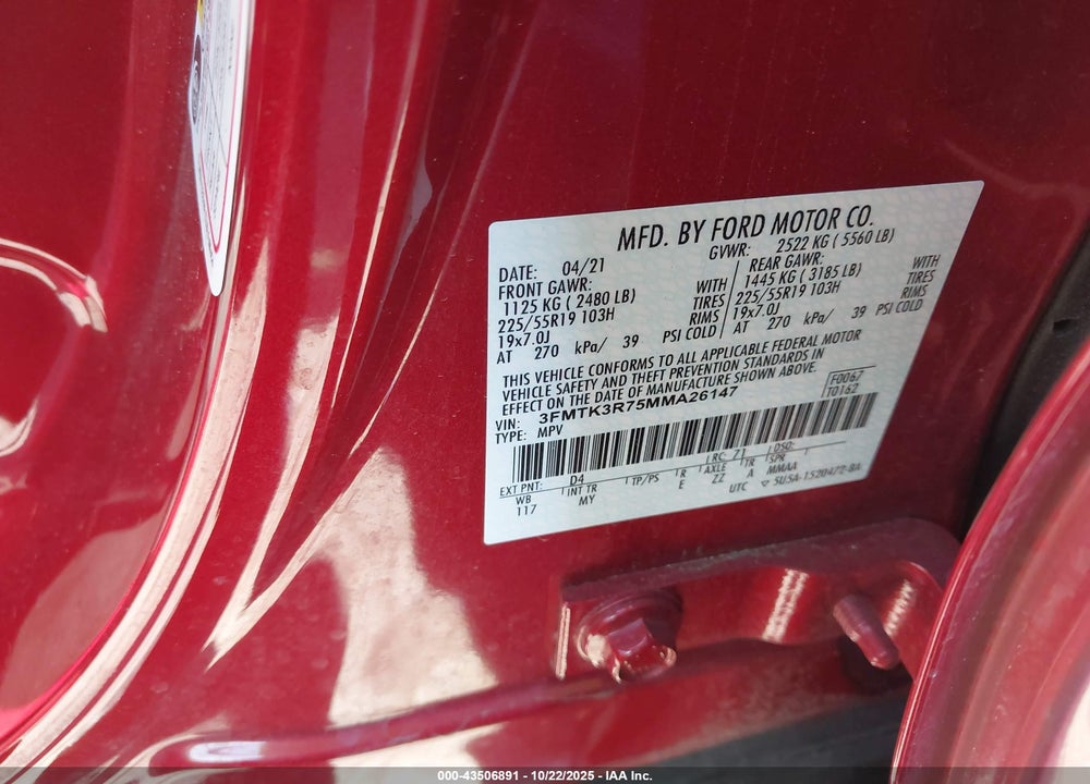 2021 FORD MUSTANG MACH-E PREMIUM VIN: 3FMTK3R75MMA26147