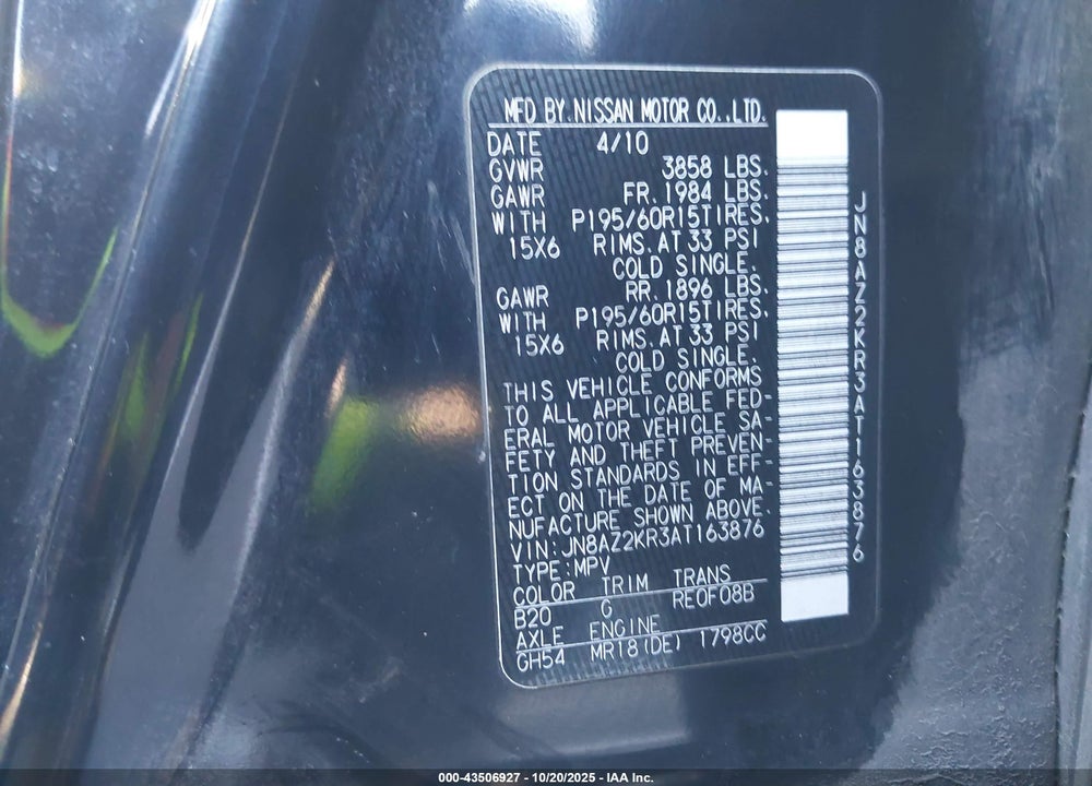 2010 NISSAN CUBE 1.8S VIN: JN8AZ2KR3AT163876