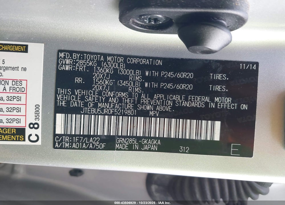 2015 TOYOTA 4RUNNER LIMITED VIN: JTEBU5JR0F5219801