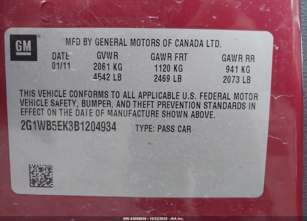 2011 CHEVROLET IMPALA VIN: 2G1WB5EK3B1204934