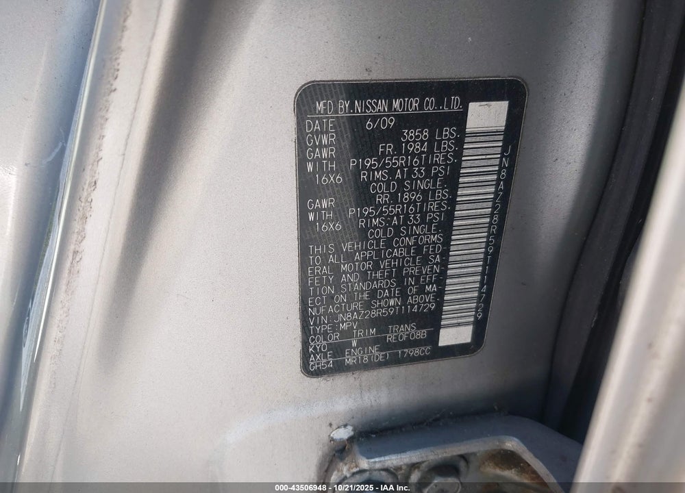 2009 NISSAN CUBE 1.8SL VIN: JN8AZ28R59T114729