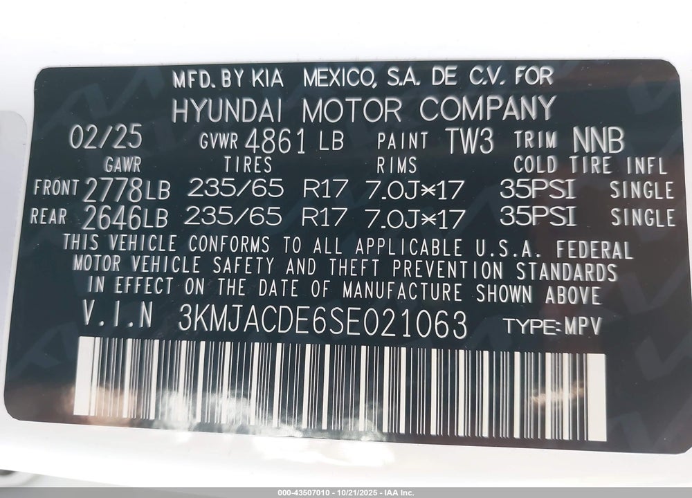 2025 HYUNDAI TUCSON VIN: 3KMJACDE6SE021063