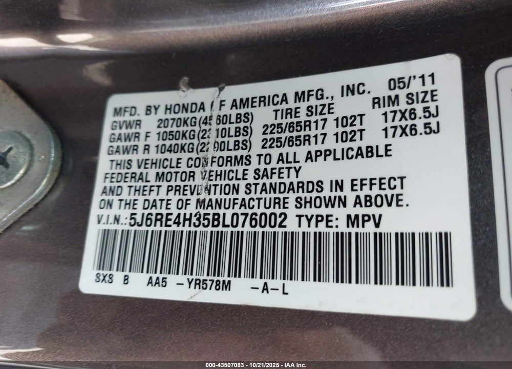 2011 HONDA CR-V LX VIN: 5J6RE4H35BL076002