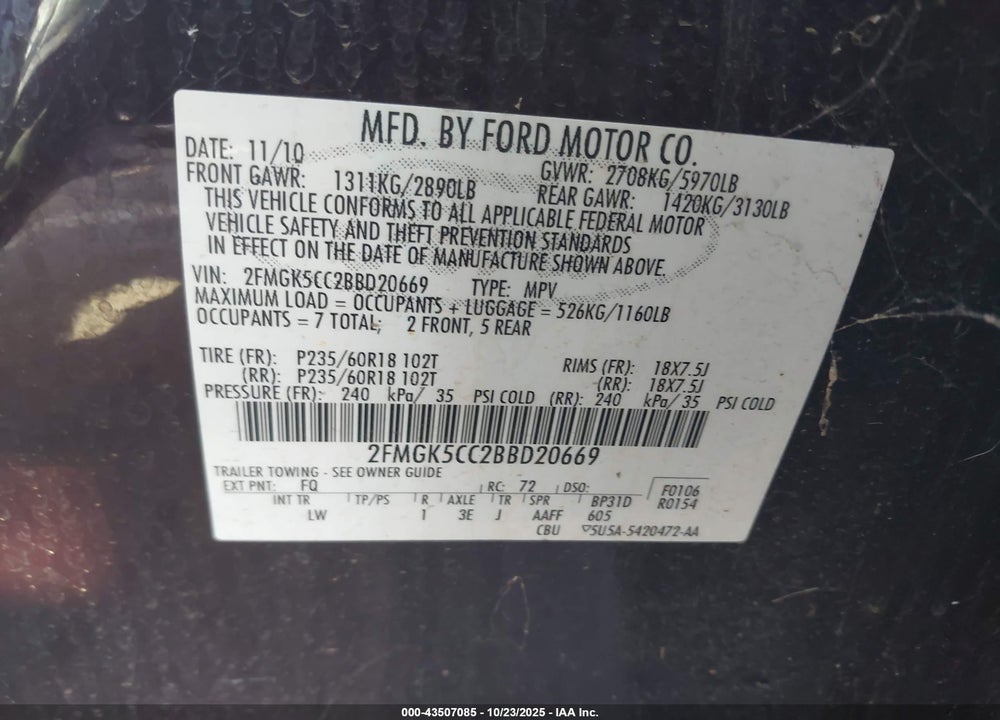 2011 FORD FLEX SEL VIN: 2FMGK5CC2BBD20669