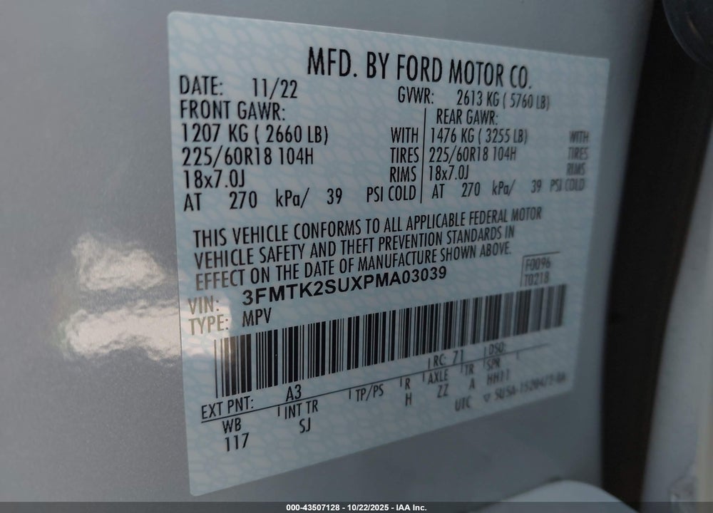 2023 FORD MUSTANG MACH-E CALIFORNIA ROUTE 1 VIN: 3FMTK2SUXPMA03039