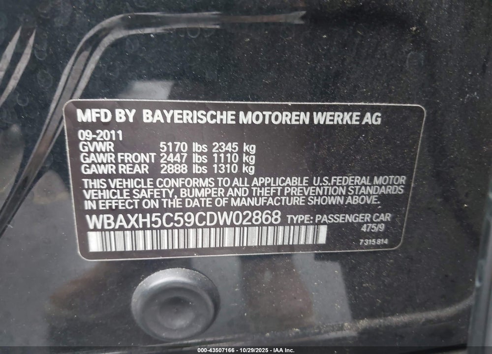 2012 BMW 5 SERIES VIN: WBAXH5C59CDW02868