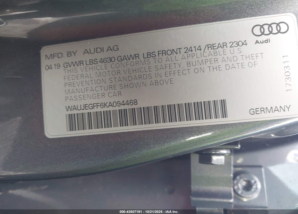 2019 AUDI A3 VIN: WAUJEGFF6KA094468