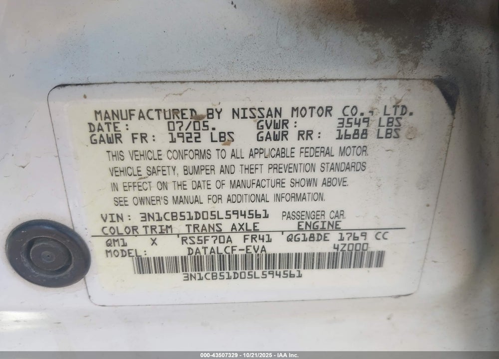 2005 NISSAN SENTRA VIN: 3N1CB51D05L594561