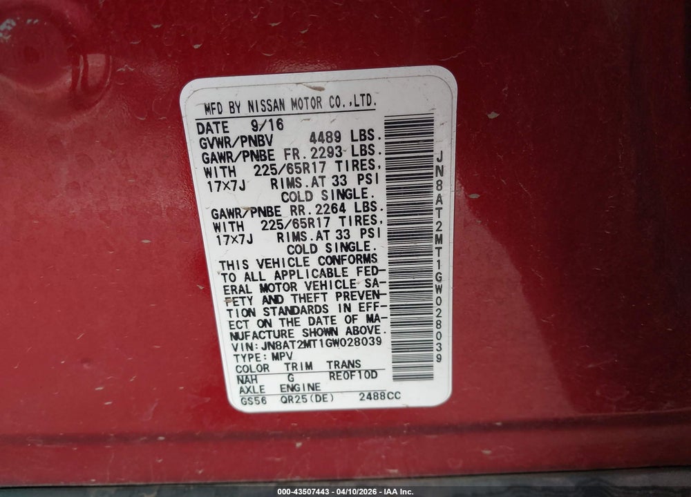 2016 NISSAN ROGUE S VIN: JN8AT2MT1GW028039