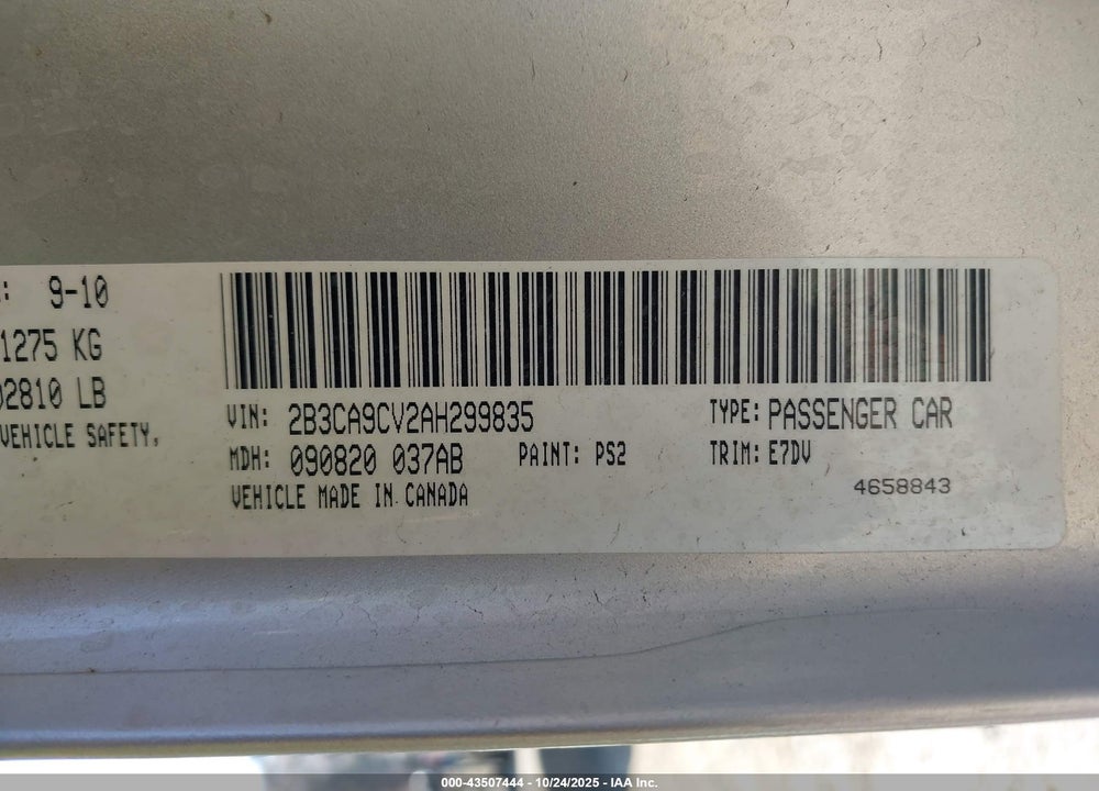 2010 DODGE CHARGER VIN: 2B3CA9CV2AH299835