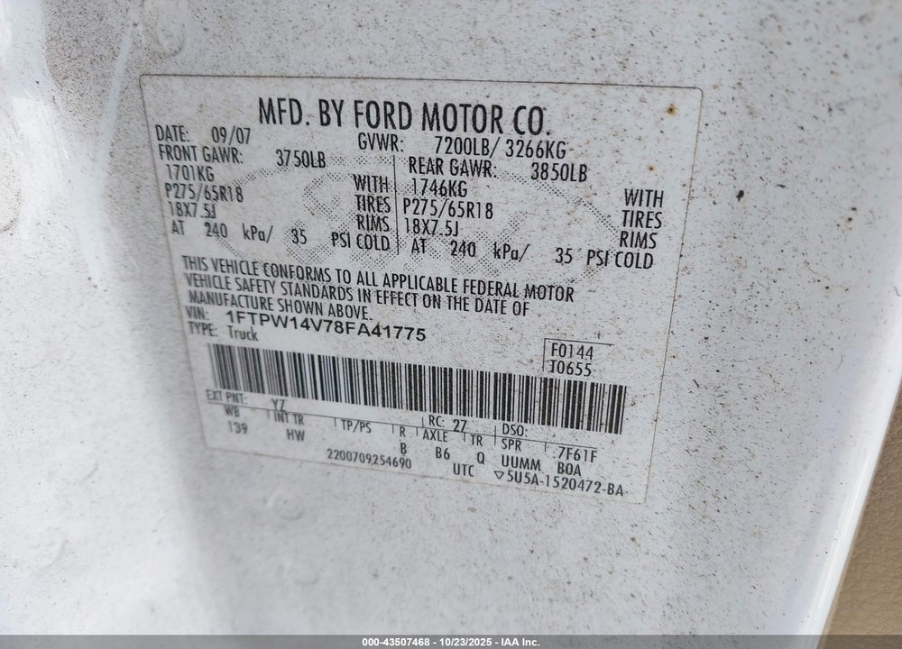 2008 FORD F-150 VIN: 1FTPW14V78FA41775