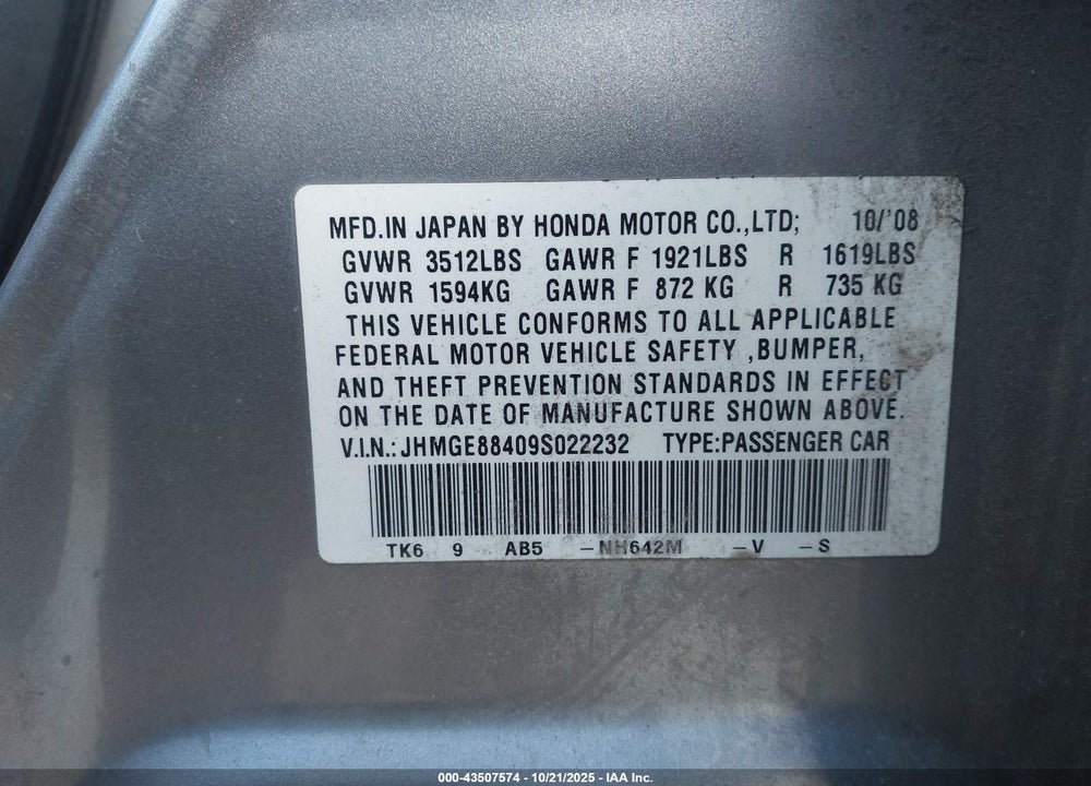 2009 HONDA FIT SPORT VIN: JHMGE88409S022232